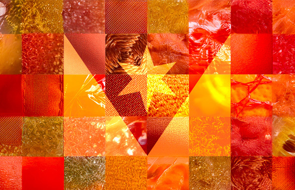 Abstract mosaic of orange textures forming the shape of the Syracuse city flag's star and triangles.
