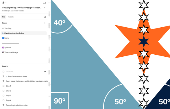 Design file showing the Syracuse city flag's construction template with angle measurements and star pattern specifications.