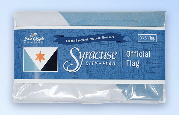 Packaged official 3x5 foot Syracuse city flag from First Light Syracuse Goods.