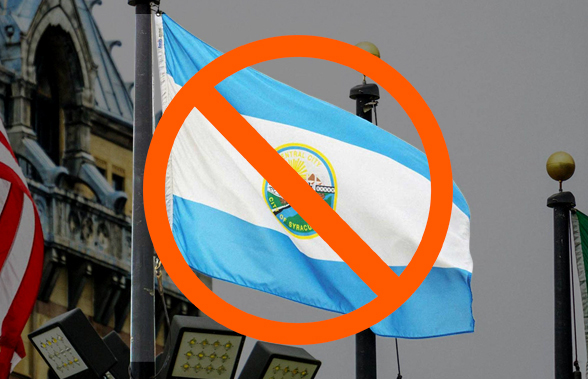 Old Syracuse city flag with a red 'no' symbol overlaid, marking it for replacement.