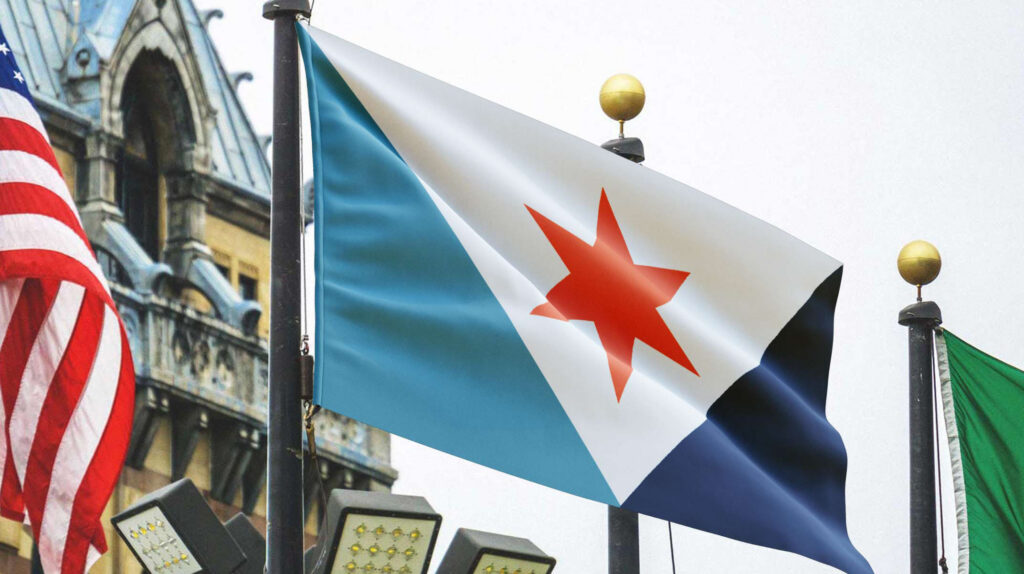 The Syracuse city flag waving on a pole outside Syracuse City Hall.