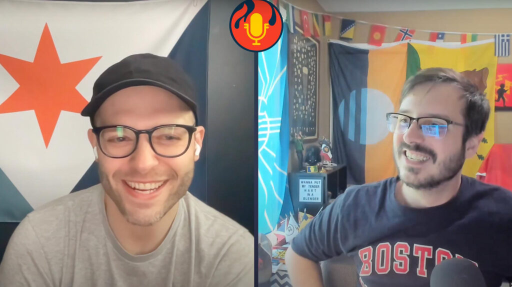 Split-screen video call still from the "Flagged for Content" podcast, showing Eric Hart smiling on the left with the Syracuse city flag behind him
