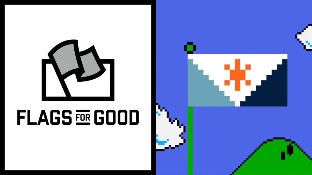Split graphic: Flags For Good logo beside a pixel-art illustration of the Syracuse city flag flying on a pole.