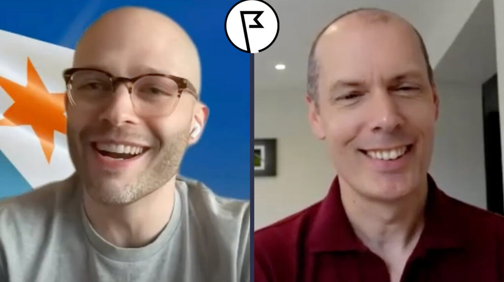 Split-screen video call still from "Flags in Focus," showing Eric Hart laughing on the left with a blue background and part of the Syracuse city flag visible.