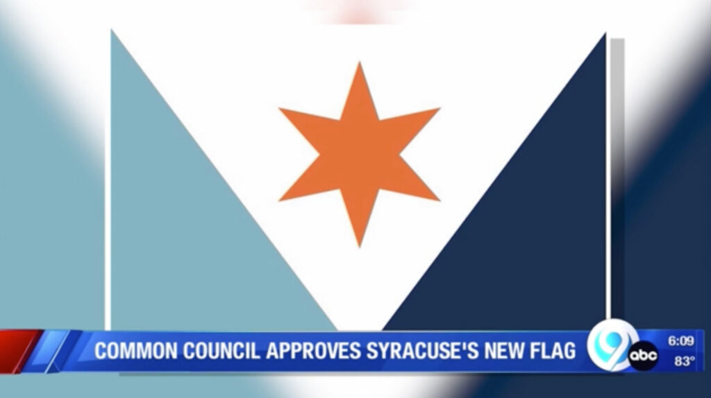 Flat graphic of the Syracuse city flag: a light blue and navy triangle field split diagonally, with a white triangle at center holding an orange six-pointed star.