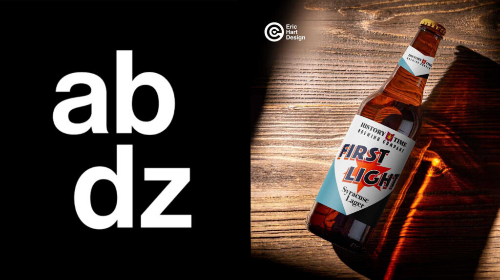 Split graphic: "abduzeedo" logo beside a bottle of First Light Syracuse Lager beer, inspired by the Syracuse city flag design.