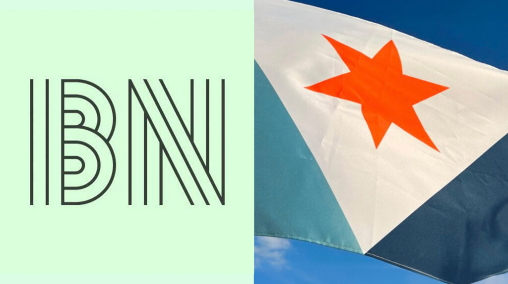 Split graphic: "Brand New" logo beside a close-up of the Syracuse city flag's orange star and triangle pattern.