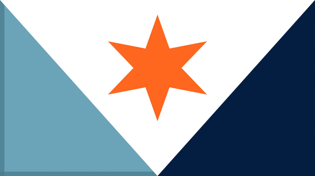 Flat graphic of the Syracuse city flag: a light blue and navy triangle field split diagonally, with a white triangle at center holding an orange six-pointed star.