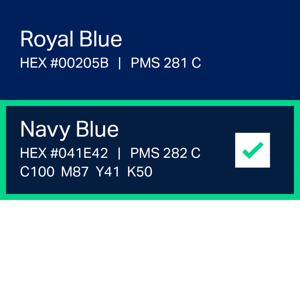 Dark blue color palette swatches: Royal Blue and Navy Blue with hex codes and Pantone values; Navy Blue marked as the selected color.
