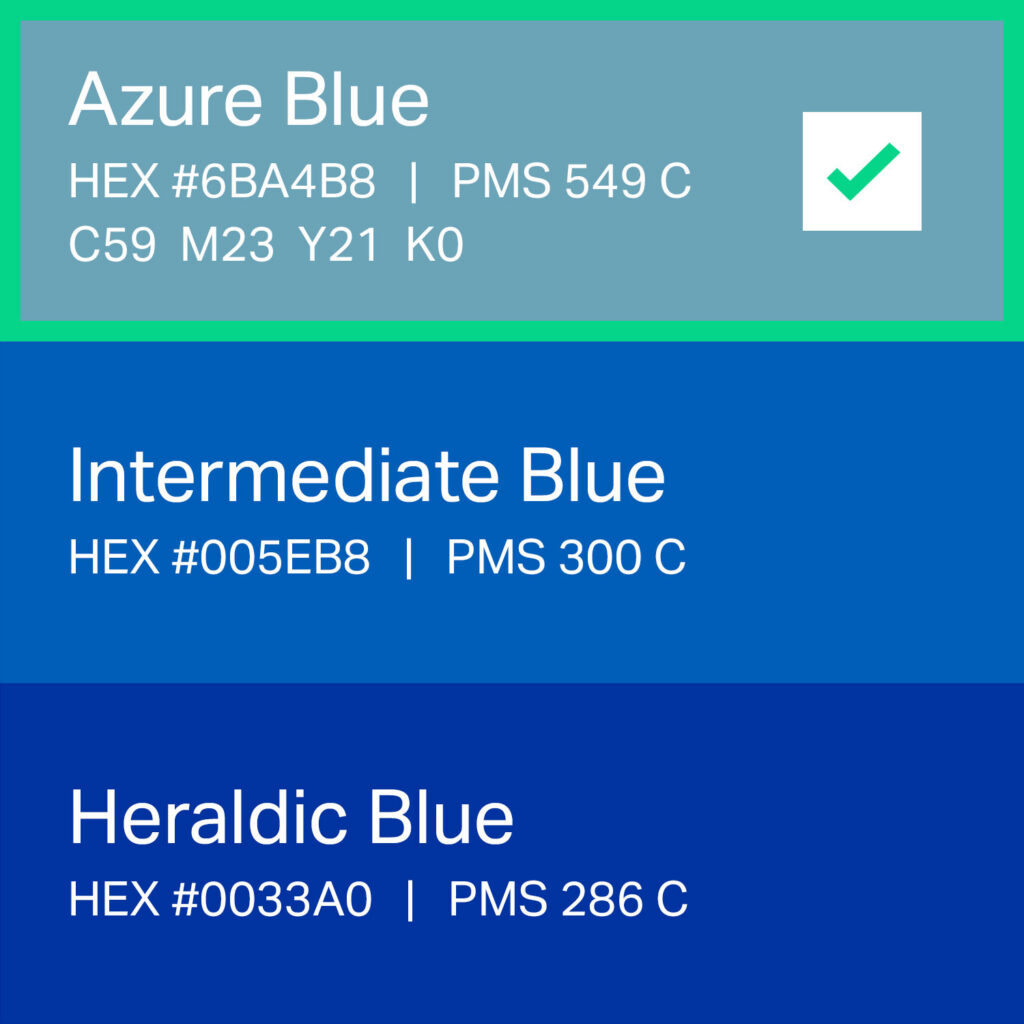 Light blue color palette swatches: Azure Blue, Intermediate Blue, and Heraldic Blue with hex codes and Pantone values; Azure Blue marked as the selected color.