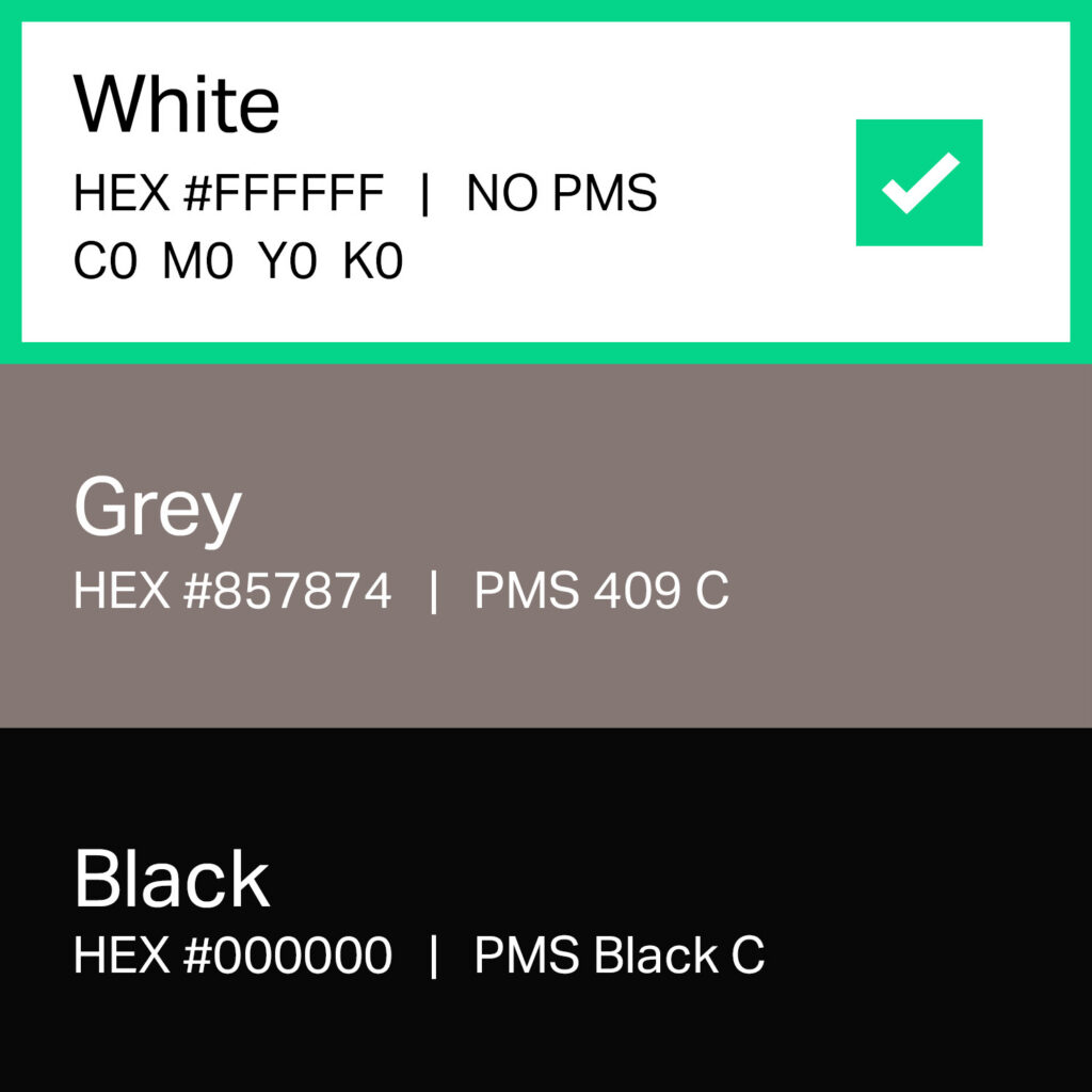 Neutral color palette swatches: White, Grey, and Black with hex codes and Pantone values; White marked as the selected color.