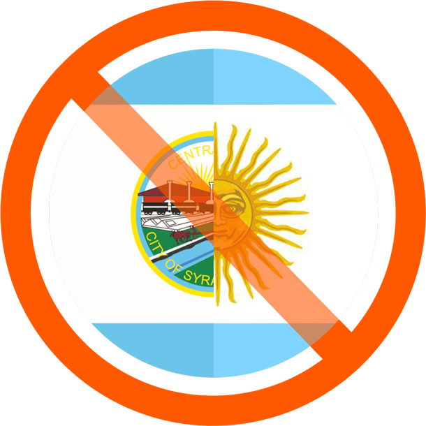 Circular icon with a red 'no' symbol over an image blending the original Syracuse city flag with the flag of Argentina, illustrating the flag design principle of avoiding visual similarity to unrelated flags.