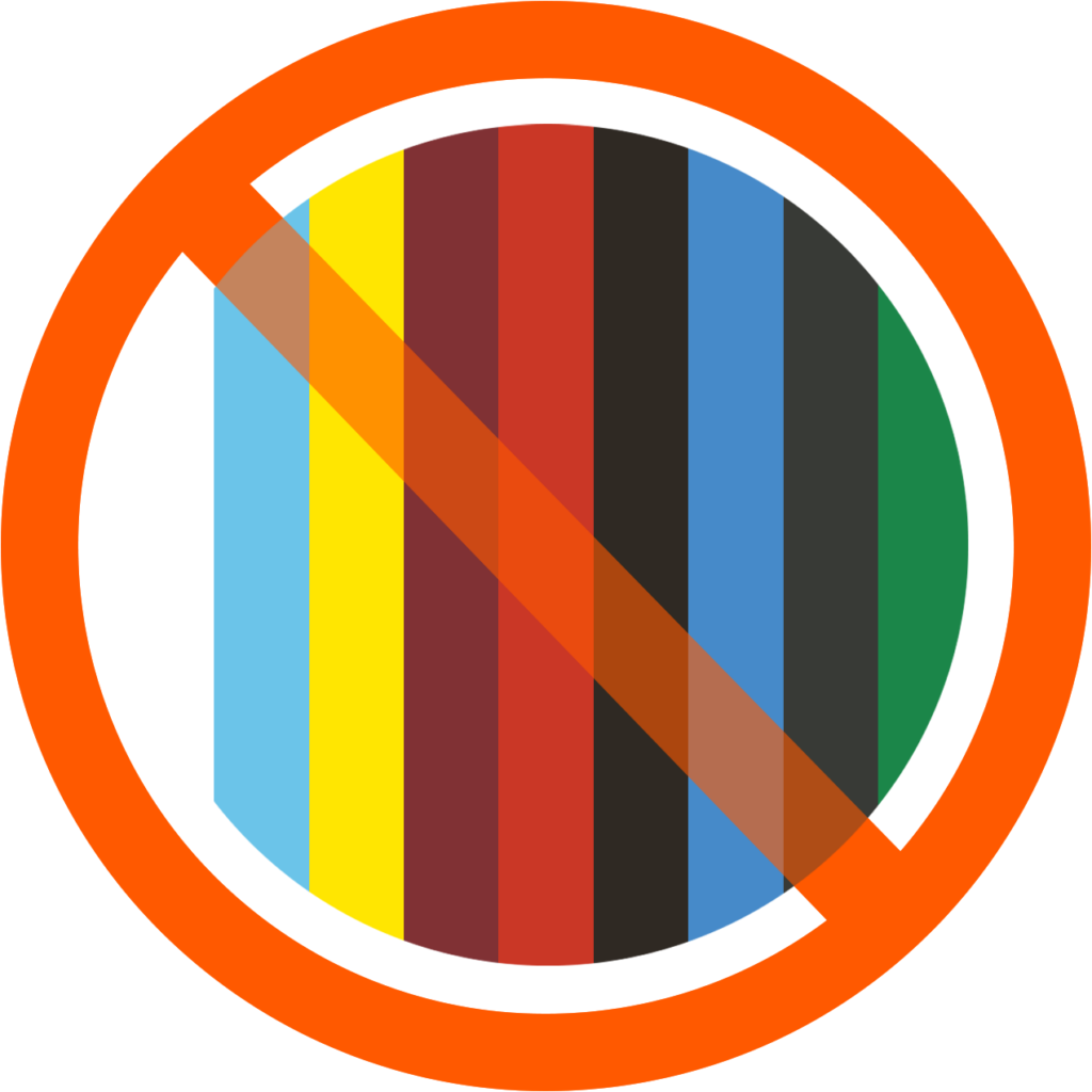 Circular icon with a red 'no' symbol over vertical stripes of color illustrating the flag design principle of limiting colors.