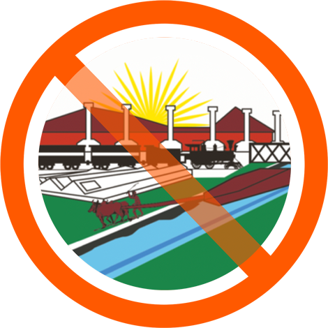 Circular icon with a red 'no' symbol over a close-up of the Syracuse city seal's imagery, illustrating the flag design principle of meaningful symbolism.