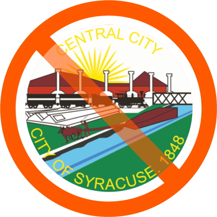 Circular icon with a red 'no' symbol over the Syracuse city seal with lettering, illustrating the flag design principle against text and seals.