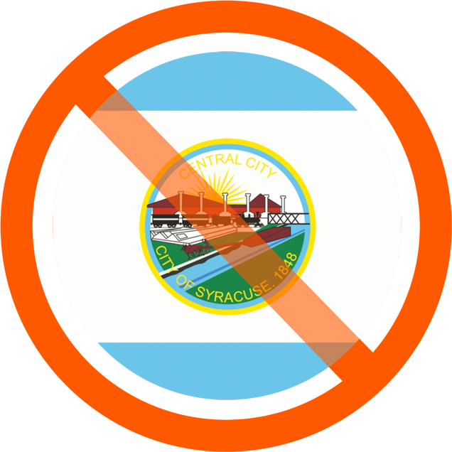 Circular icon with a red 'no' symbol over the original Syracuse city flag, illustrating the flag design principle of simplicity.