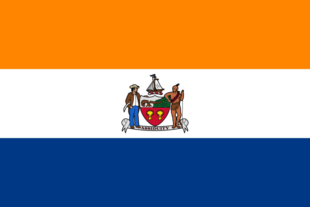 Flag of Albany, New York: orange and navy horizontal stripes with a white center band featuring the city's coat of arms and motto 'Assiduity.'