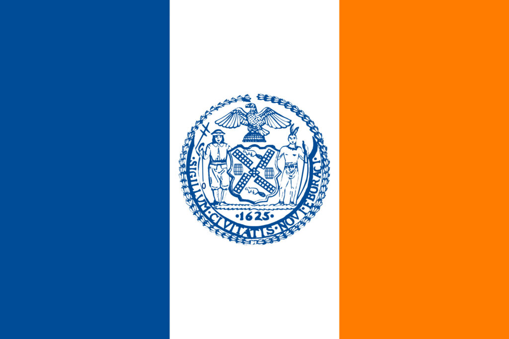 Flag of New York City: blue, white, and orange vertical stripes with the city seal centered on white, dated 1625.