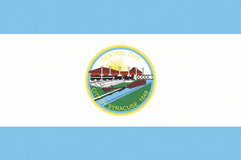 Original flag of Syracuse, New York: light blue horizontal stripes with a white center band featuring the city seal, 'Central City, City of Syracuse 1848.'