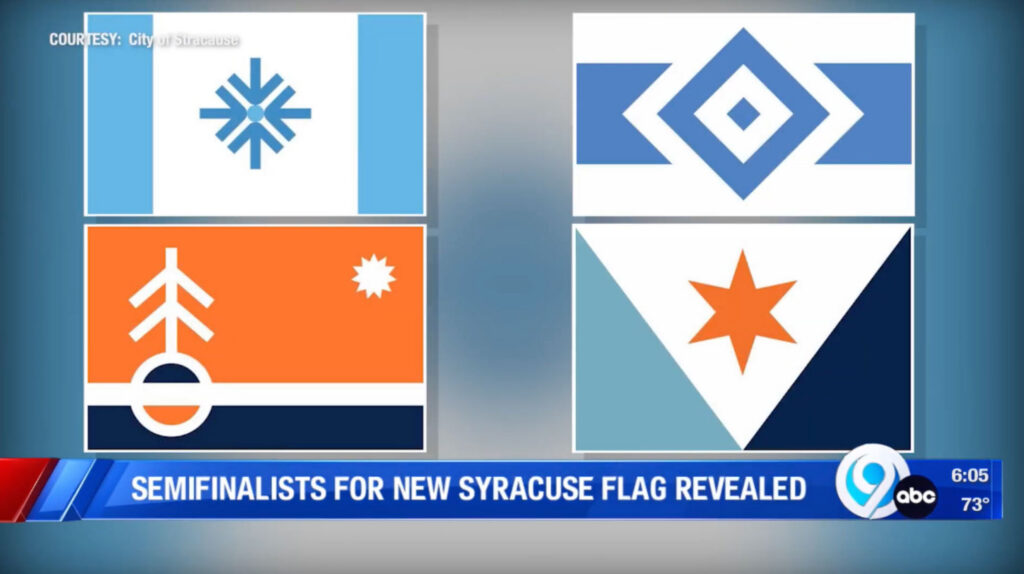 News Channel 9 broadcast graphic titled "Semifinalists for New Syracuse city Flag Revealed," showing four candidate flag designs
