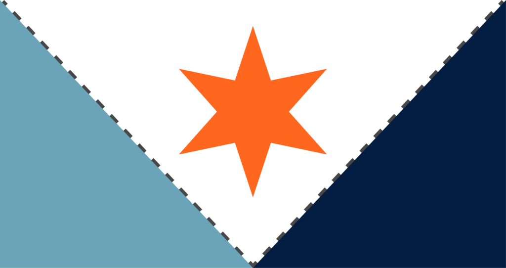 Azure and navy triangles forming a chevron with dashed outline and centered orange star, symbolizing peace and friendship on the Syracuse city flag.