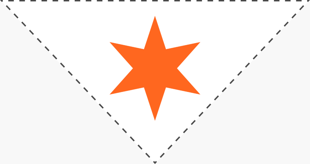 Orange six-pointed star on a white triangle, outlined with a dashed border, symbolizing the sun extracting salt on the Syracuse city flag.