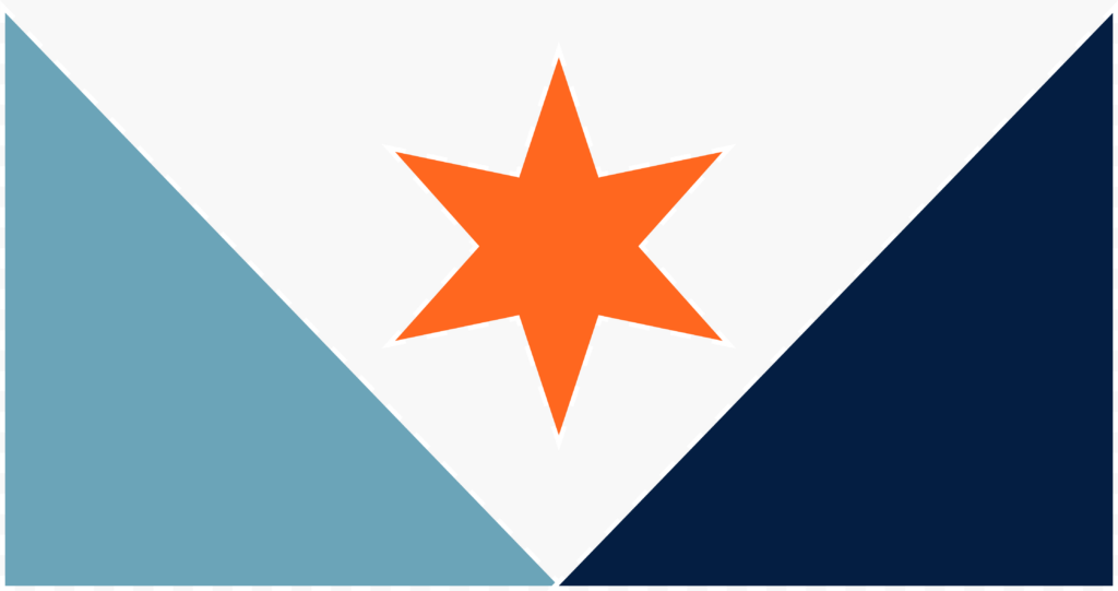 Orange six-pointed star centered between azure and navy triangles, symbolizing the sunrise over the Onondaga Valley on the Syracuse city flag.